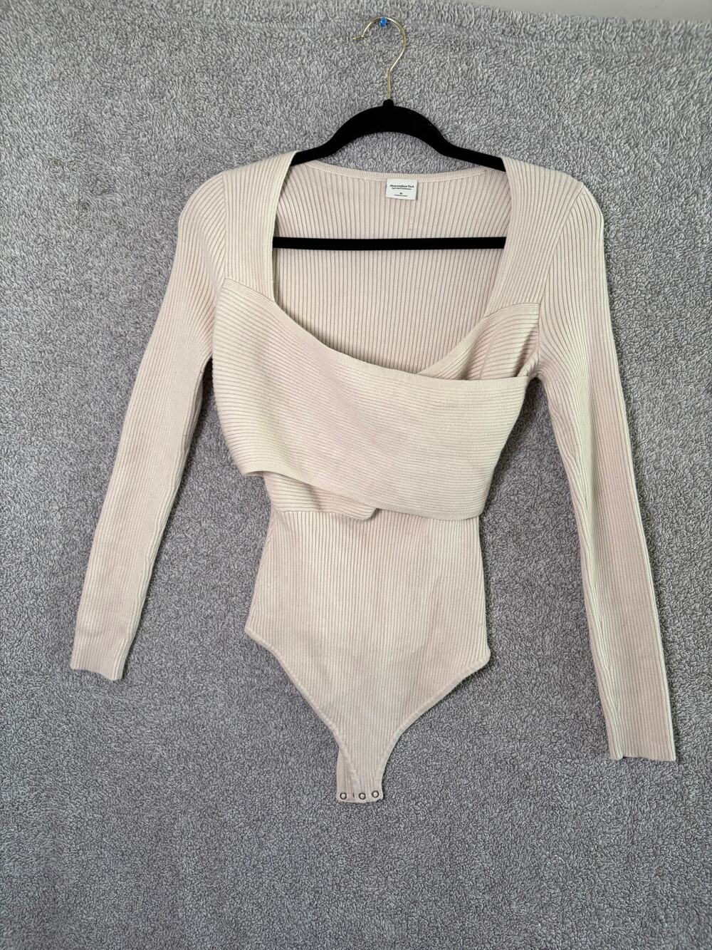 Cream Ribbed Bodysuit M Wrap Cutout Long Sleeve Quiet Luxury